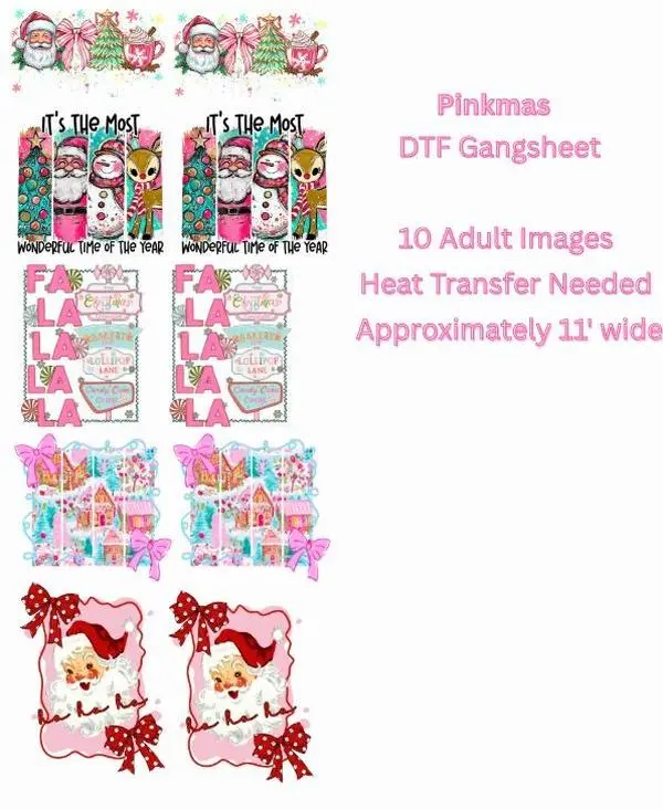 Pinkmas DTF Gang Sheet 10 Ready to Press Transfers 22x60 Customized Craft Heat Transfer Needed Approximately 11 Wide