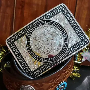 Centenario Belt Buckle Faux Mexican Peso Design Silver-tone  with Central Emblem, Rectangular Style, and Decorative Elements, Unisex, Metal, 4.5 x 3.5 Inches