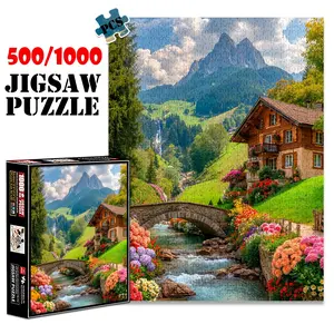 1pc 1000 piece adult puzzle 70x50cm Mountain Village with Bridge, Flowers and Waterfall 500 pieces of paper jigsaw puzzle, suitable for adults and families, large-scale DIY puzzle interactive toy g