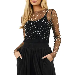 Women Pearl Top Sheer Mesh Crop Top Sexy See Through Long Sleeve Slim Fit Shirt Clubwear
