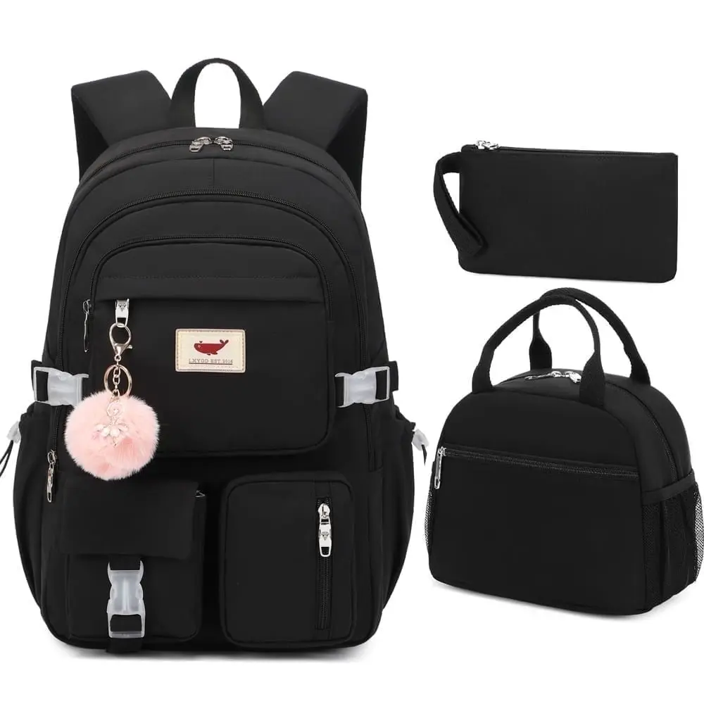 Ladies' 3-Piece Preppy Nylon Waterproof Laptop Backpack Set - Athletic & Casual Use, Widened Thickened Adjustable Straps, Anti-Theft Pocket, Double Handle, Chic Basic Cute Print, Zip Closure, Metal Zipper, for University Students