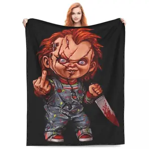 The Killer Doll Blanket Coral Fleece Plush Print Horror Chucky Cozy Super Soft Funny Flannel Material Throw Blanket Multipurpose Office Bedding Blanket PlushThin Warm Napping Blanket for Home Office School Travel Lightweight Anime Quilt Holiday Gift Fans