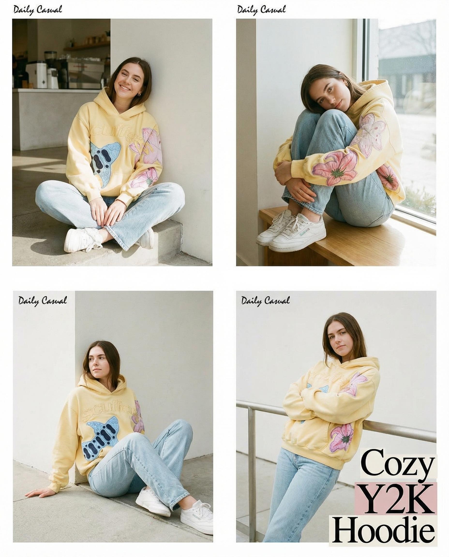 Women’s Y2K Oversized Hoodie Comfy Heavyweight Sweatshirt  Floral Applique Embroidery Vintage Indie Cozy Streetwear
