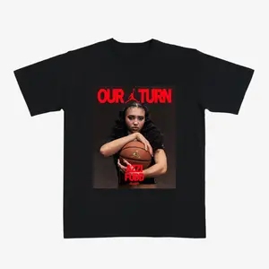 Azzi Fudd "Our Turn" T-Shirt – Black Graphic Tee Featuring UC Basketball Star and Bold Red Magazine-Style Design, Premium Apparel for Women’s Hoops Fans