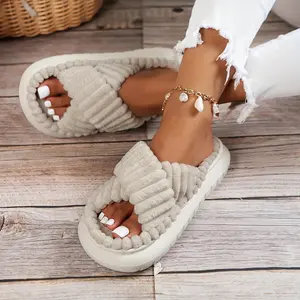 Cross Strap Platform Slippers - Casual Slip On Plush Slippers, Comfortable Indoor Home Shoes - Soft Plush Material - For Women & Men - Perfect for Lounging at Home - Ideal Gift for Relaxation