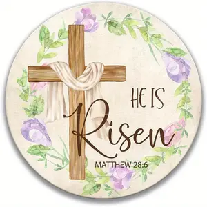 SD He is Risen Sign for Easter and Spring Wreaths Religious Easter Metal Wall Sign Christian Sign Round Tin Sign Gift for Lover Home Decor Fun Tin Sign Birthday Housewarming Gift 8x8 Inch