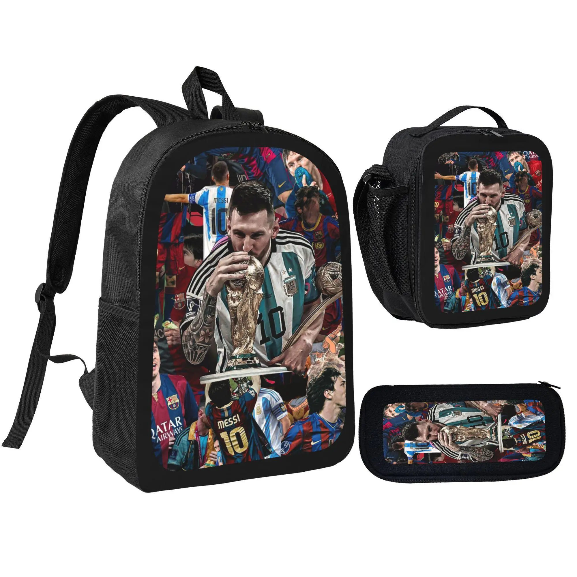 3Pcs Backpack Set M-essi Champion Collage With Lunch Bag Pencil Pouch School Bag For Boys Soccer Fans Students