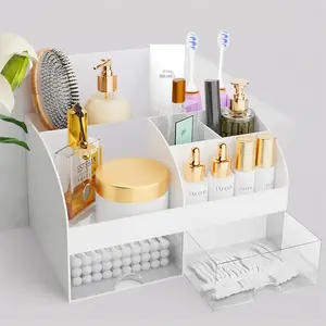 Vanity Makeup Organizer with Drawers - Cosmetic Storage Case for Countertop, Acrylic Display Organizer for Lipstick, Brushes, Skincare, Jewelry. Dresser & Bathroom Organizer (White)