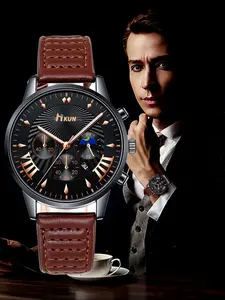 1pchkun Men's Multifunctional Fashion Watch, Vintage Roman Numerals, Moon Phase, Leather Face, Perfect Gift for Him