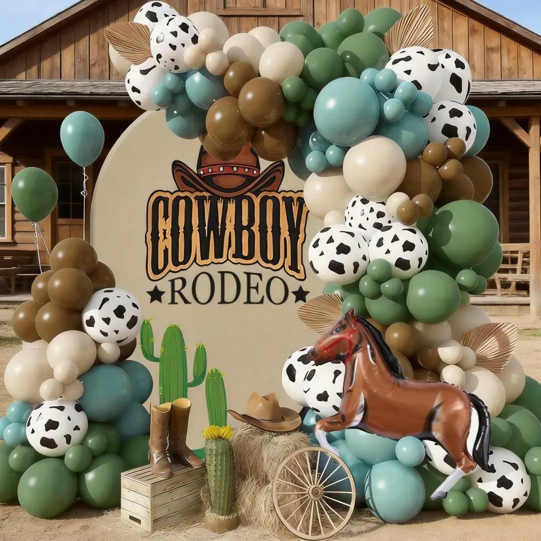 113pcs Cowboy Rodeo Balloon Garland Kit, Balloon Set, Sage & Cow Print, Western Party Decor, Perfect for Rodeo Events, Festive Atmosphere, Latex Balloons