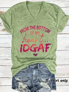 Women's "FROM THE BOTTOM OF MY HEART" V Neck Tee, Casual Fashion Short Sleeve T-shirt for Daily Wear, Ladies Clothes for Spring & Summer, Top