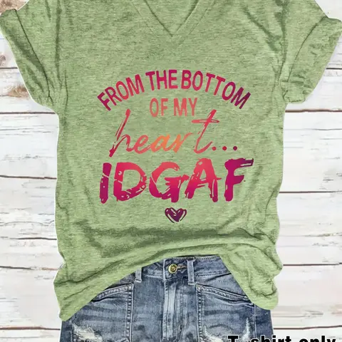 Women's "FROM THE BOTTOM OF MY HEART" V Neck Tee, Casual Fashion Short Sleeve T-shirt for Daily Wear, Ladies Clothes for Summer