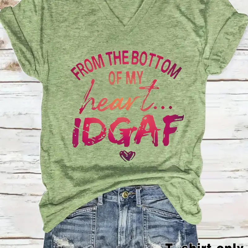 Women's "FROM THE BOTTOM OF MY HEART" V Neck Tee, Casual Fashion Short Sleeve T-shirt for Daily Wear, Ladies Clothes for Summer