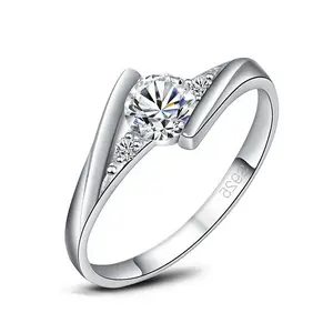 Silver Tone Round Cut CZ Promise Ring for Women, Twist Solitaire Engagement Ring, Dainty Wedding Anniversary Jewelry