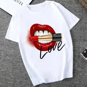 Starz Tee Collection - White T-Shirt with Red Lipstick and Love Graphic Design