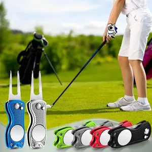 Foldable Golf Divot Repair Tool with Magnetic Ball Marker and Pop-up Button Green Tool
