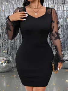 Elegant Chic Women's Plus Size Lace Butterfly Embroidery Dress, Sexy American Style Formal Party Gown, Formal Wear, Stretch Fabric, Long Sleeve Bodycon Skirt