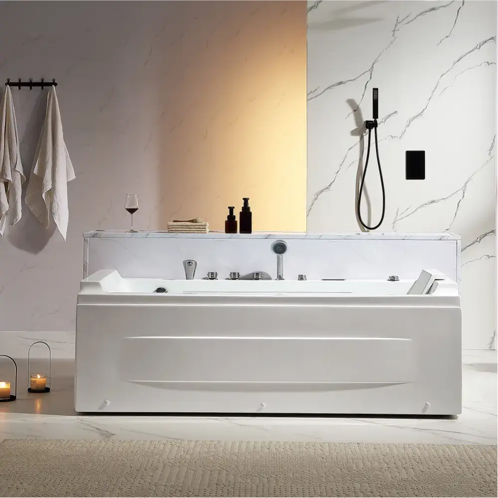 71" Alcove LED Whirlpool Bathtub with Brushed Nickel Fixtures and Center Drain