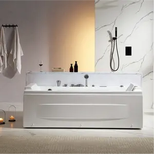 71" Alcove LED Whirlpool Bathtub with Brushed Nickel Fixtures and Center Drain