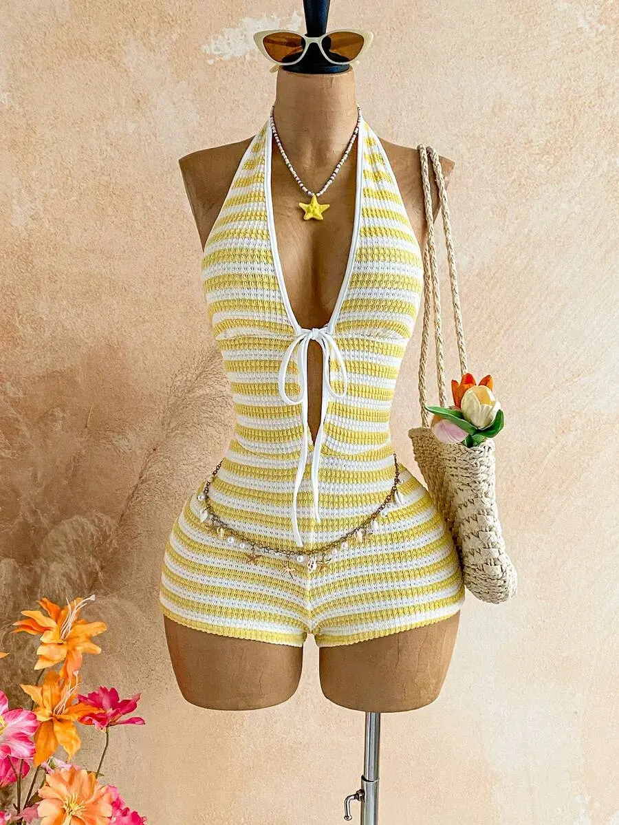 Lumina x Soleia Bohemian White And Yellow Striped Front Tie Romper,Summer Casual Beach Holiday Vacation,Boho Floral Style For Party,Date,Cruise & Carnival