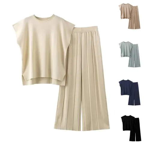 Tanming Womens 2 Piece Knit Outfit Sets Casual Short Sleeve Top and Pleated Wide Leg Pants Matching Lounge Sets