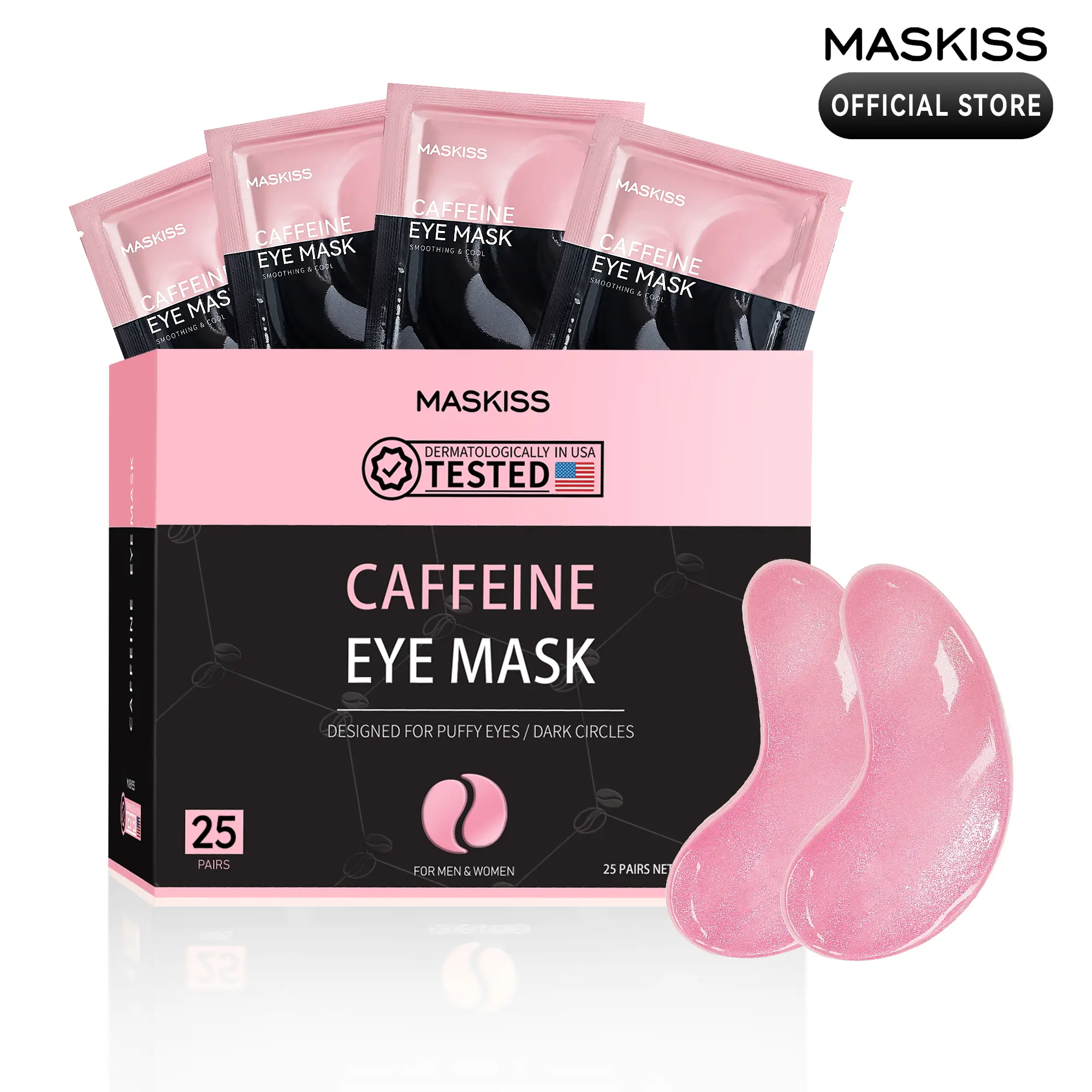 MASKISS Caffeine Eye Mask 25 Pairs – Under Eye Patches for Puffiness & Dark Circles | Smoothing & Cooling Gel Pads | Dermatologically Tested | For Men & Women