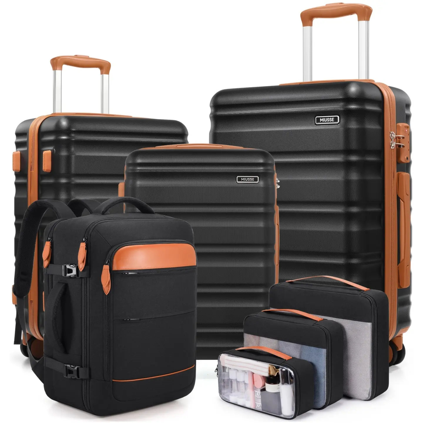 Miusse 7-Piece Hardside Luggage Set 20/24/28 Inch Spinner Suitcases with TSA Lock YKK Zipper Carry-On Travel Backpack & 3 Packing Cubes Expandable Design