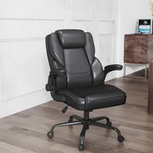 Keratee Mid-back Ergonomic Executive Chair with PU Leather, Flip-up arms, Lumbar Support, Height Adjustment, and a Rocking Function — Black.