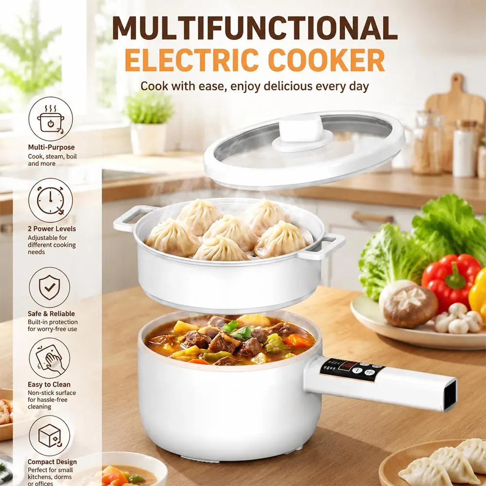 2L Multifunctional Electric Hot Pot with Steamer Basket, Non‑Stick Ceramic Glaze Mini Cooking Pot, 300W&600W Dual Power Digital Control With Timer, Removable Power Cord, For Ramen Stew Stir‑Fry Saute, White