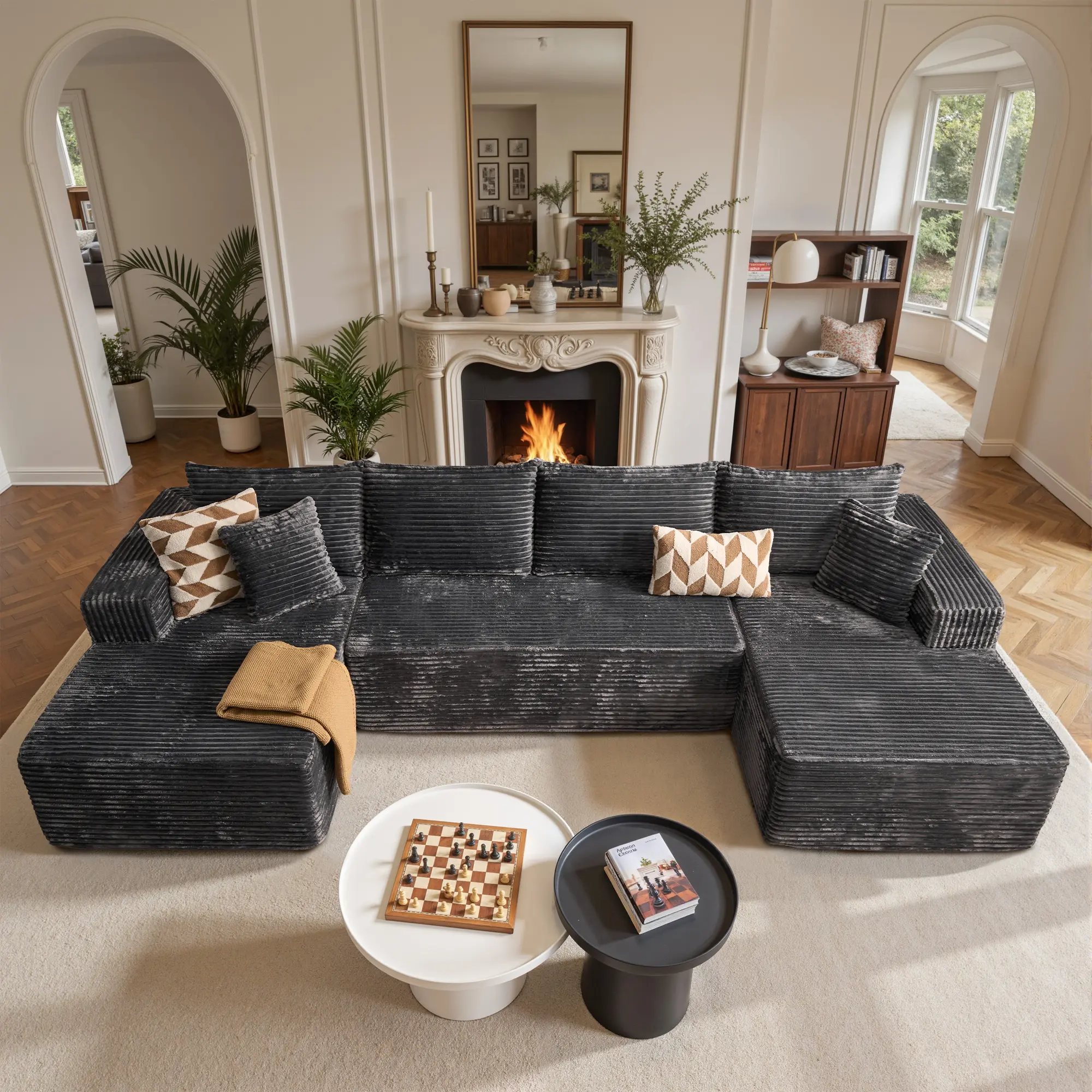 135“ U Shape Sofa Grey Plush Corduroy