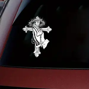 1PC Car Stickers in The Shape of Praying Hands and Crosses - Durable Vinyl Decals, Waterproof UV Protection, Stylish Design of Hands and Crowns, Scratch-resistant Trim for Cars, Trucks, SUVs, Vehicles, Elegant Vehicle Accessories