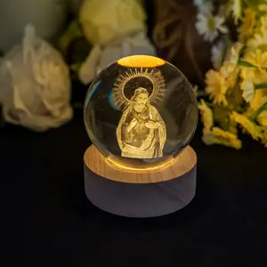 Crystal Ball Jesus Statue Wooden Base Glass Sphere Religious Collection Home Decoration Gift Ornament Glow-in-the-Dark Light Colorful Led Figurine