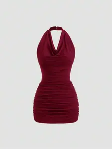 Valentine Sweetra Backless Draped Neck Tie Waist Slim Fit Bodycon Mini Dress, Sleeveless, Sexy, Black