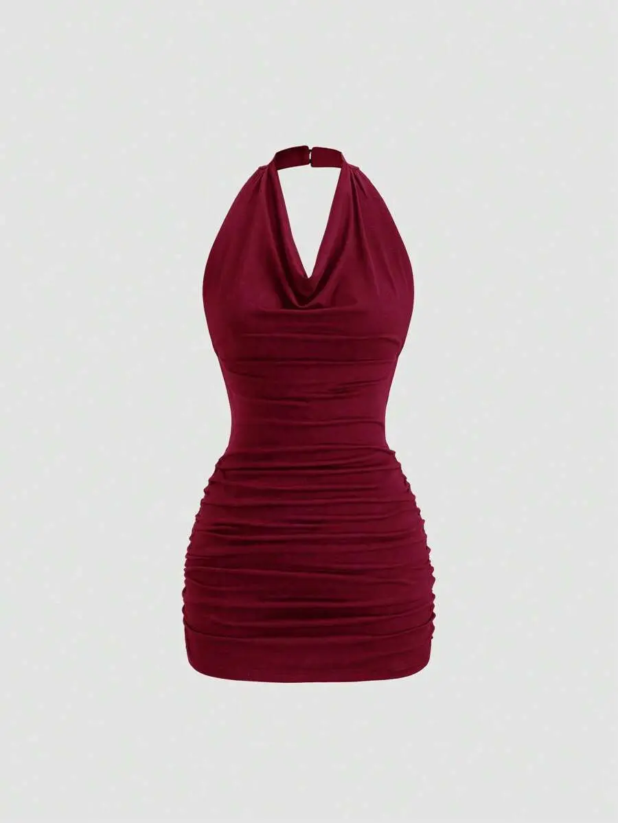 Valentine Sweetra Backless Draped Neck Tie Waist Slim Fit Bodycon Mini Dress, Sleeveless, Sexy, Black