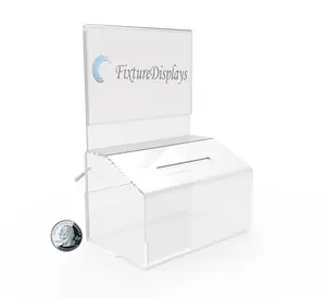 FixtureDisplays® 1PK 5"W x 7.3"H x 3.5"D Clear Box LOCKING FUNDRAISING CHARITY DONATION BOX WITH SIGN CLEAR ACRYLIC PIGGYBANK TIP 14705-NF