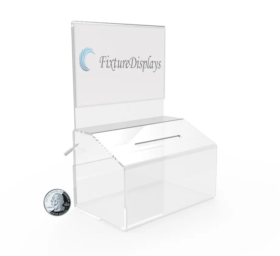 FixtureDisplays® 24PK 5"W x 7.3"H x 3.5"D Clear Box LOCKING FUNDRAISING CHARITY DONATION BOX WITH SIGN CLEAR ACRYLIC PIGGYBANK TIP 14705-24PK-NF