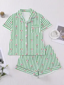 New Summer Women's Striped Pajama Set, Sweet Cocktail Print, Short Sleeve Shorts Two Piece, Breathable Comfortable Sleepwear Loungewear