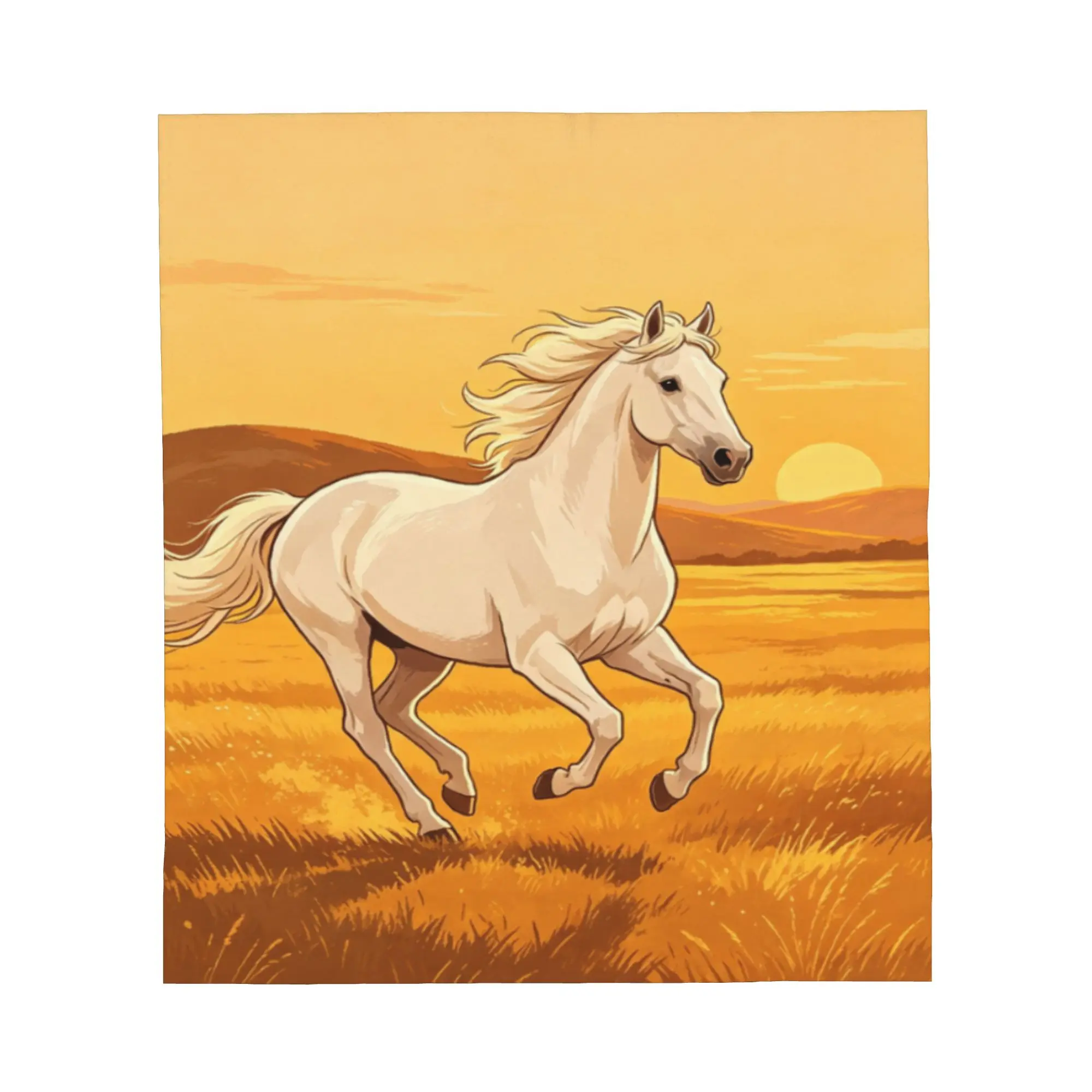 Sunset Prairie Galloping White Horse Fringed Brushed Flannel Blanket, Wild Prairie Scenery Large Soft Warm Throw, Sofa Cover, Wall Hanging Tapestry, Western Home Decor Gift
