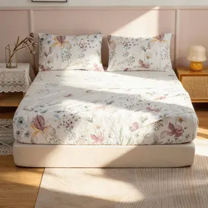 SoftHaven Home Made in USA Floral Print 3-Piece Bedding Set, Fitted Sheet & Pillowcases, Reusable Washable Polyester Bedding for Bedroom, Guest Room & Hotel