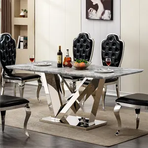 70 inch rectangular imitation marble dining table 6 people marble dining table with mirrored stainless steel base, modern large size marble kitchen dining table（Only the dining table.）