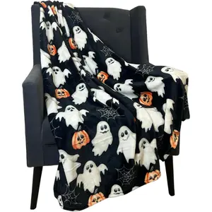 Halloween Throw Blanket: Jack O Lantern Pumpkins White Ghosts and Spiderwebs on Soft Black Velvet Fleece for Sofa, Couch, Chairs and Bed