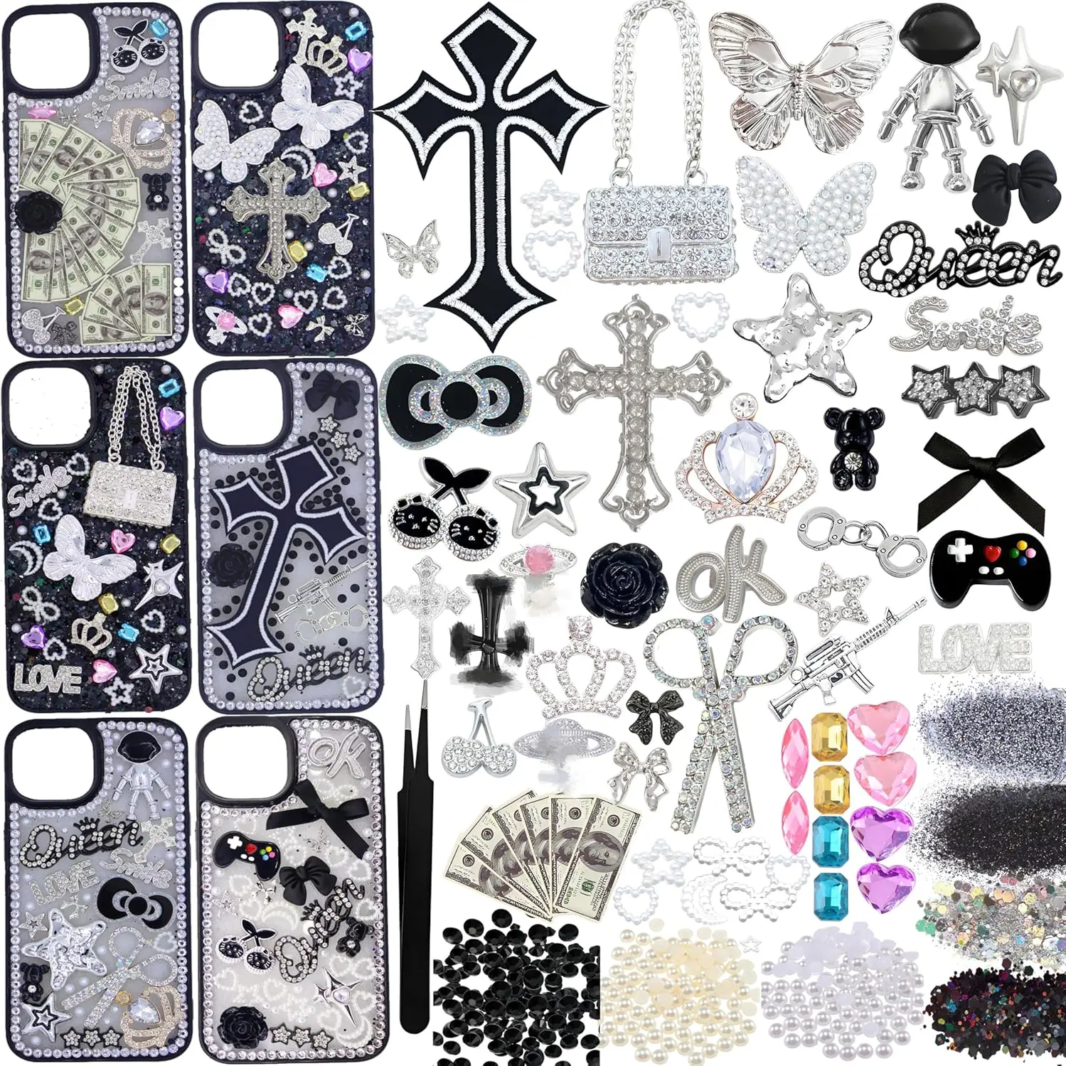Junk Case Charms Kit,Black Junk Phone Case Charms Bedazzling Kit,Big Charm for Customizing Cases,Kawaii Bow, Nail Accessories, Flatback Pearls, Rhinestones,Aesthetic Decor for Personalization