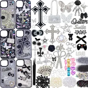 Junk Case Charms Kit,Black Junk Phone Case Charms Bedazzling Kit,Big Charm for Customizing Cases,Kawaii Bow, Nail Accessories, Flatback Pearls, Rhinestones,Aesthetic Decor for Personalization