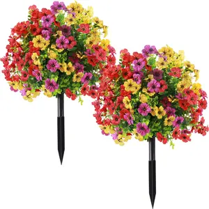 2Pcs 22" Artificial Topiary Ball Flowers for Outdoors Planters, Spring Summer Home Decor, UV Resistant Faux Flowers with Spike for Garden Balcony Window Planter Wedding Party Office Hotel Decoration, Mix 4 Colors