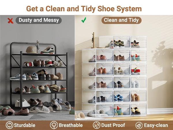 BROVIEW S6 XX-Large Shoe Sneaker Storage Boxes for Size 14, Stackable & Thicken Clear Plastic Shoe Organizers 6/8/12/15 Packs for Entryway Closet Under Bed, Shoe Storage Cabinets Container Display Case w/ Magnetic Door