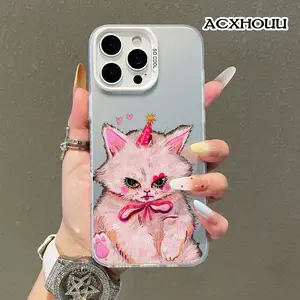 Softcase for iPhone 17 16 E Pro Max 15 Plus 14 13 12 11 XS XR Pink Cat with Party Hat and Bows Coquette Pastel Design Shockproof Lightweight Protective Case