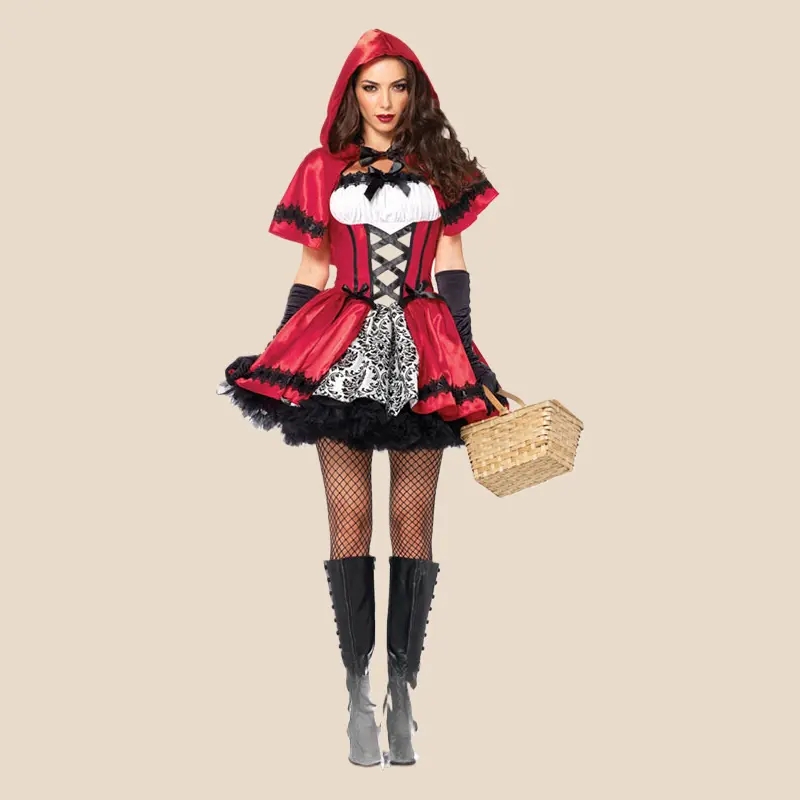 Women's Halloween Little Red Riding Hood Cosplay Costume Set - Polyester-Cotton Fabric Outfit with Fashion Accessories, Fantasy Theme Attire for 130 to 160 cm Wearers' Themed Occasions