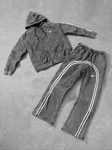 【TDOTW】 Street-style sweatshirt sets for young men, Loose worn-out Tracksuit Set with pockets, cotton fabric and washable, suitable for both sports and daily wear, Men's two-piece clothing for holiday, Streetwear Tracksuit Set