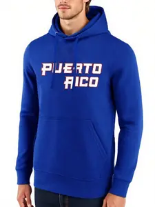 Men's Blue Puerto Rico Embroidered Fleece-Lined Hoodie Thick Warm Retro Sporty Pullover for Men & Women, Loose Fit Unisex Couples Christmas Valentine's Gift, Machine Washable, Custom Hoodie, Autumn Winter Wear, Durable Casual Wear