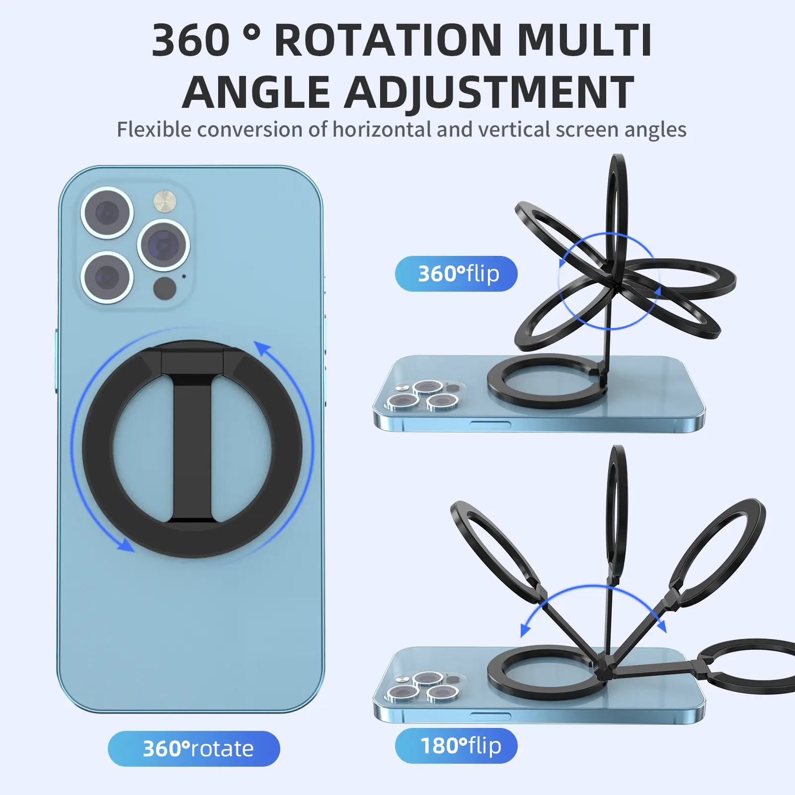 Magnetic Phone Ring Holder Foldable Multifunctional Car Desktop Pop Socket Cellphone Stand Mount Portable Lightweight Strong Adsorption 360° Rotation 180° Folding Dual Use for Car & Desktop Adjustable Landscape Smartphone Mount